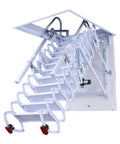 Electric Telescoping Loft Ladder With Smooth As Butter Remote Control Pull Down Attic Stairs, white with sturdy handrails.