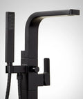 Hibiscus Straight Up Modern Freestanding Tub Faucet Forged From Solid Brass Featuring Integrated Hand Shower On Flex Hose, close-up view.