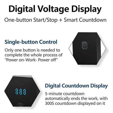Digital voltage display showing single-button control and countdown timer for Portable Ultrasonic Cleaner With 40KHz Frequency And 5 Minute Timer.