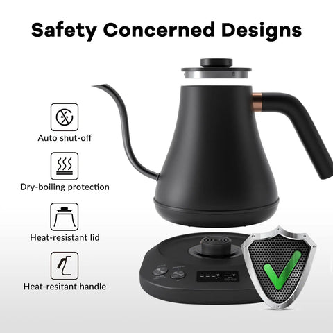 Gooseneck Electric Kettle With One Degree Fahrenheit Precision Temperature Control 100 To 212 F 1200W Fast Heat Up 0.8L Auto Shut Off with safety features