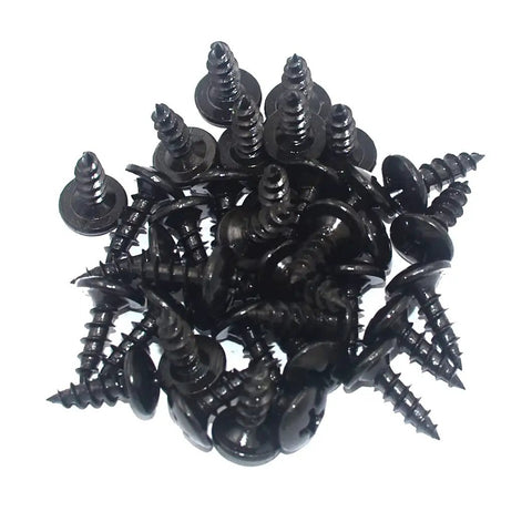Close-up of black screws for Two Size Black Iron Corner Braces With Screws For Picture Frames 2x2 Inches And 3 And 1 Eighth Inches Square Flat L Angle Brackets