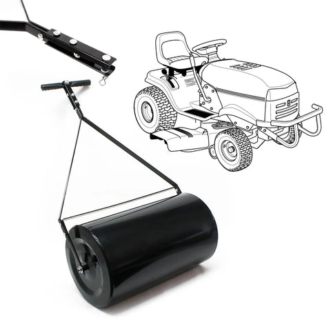 Push And Tow Lawn Roller With Drum Plug Design 16 Gallon Steel Tank Weather Resistant Easy Turn Plug For Quick Fill And Dump shown with a lawn tractor.