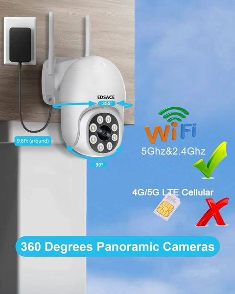 5G Outdoor Dome Security Camera With 2 Way Audio, Continuous Recording, 360° view, mounted on exterior wall, WiFi compatible