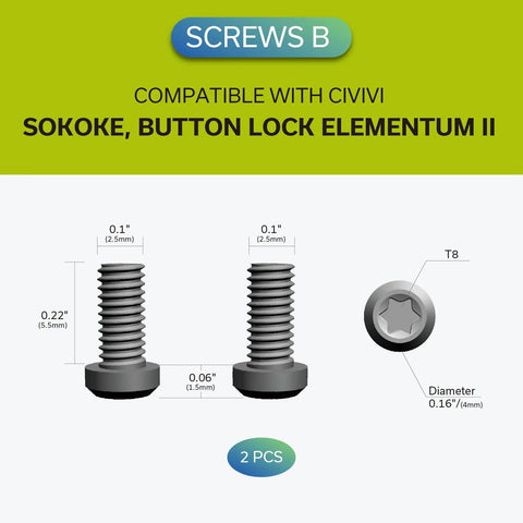 Dimensions of screws B compatible with Civivi Sokoke and Button Lock Elementum II knives, with measurements shown.