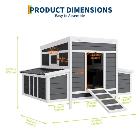 56 Inch Large Chicken Coop With Two Nesting Boxes, Weatherproof Wooden Hen House for backyard dimensions shown