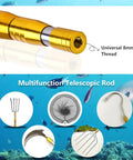 Close-up of Telescopic Fish Gaff With 5 Tooth Harpoon Replaceable Stainless Steel Fork 5Ft Extendable Rod and accessories.