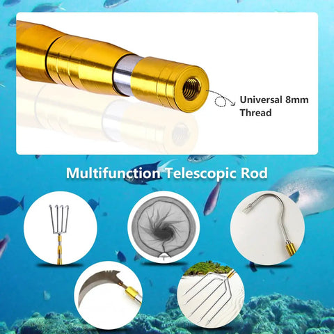 Close-up of Telescopic Fish Gaff With 5 Tooth Harpoon Replaceable Stainless Steel Fork 5Ft Extendable Rod and accessories.
