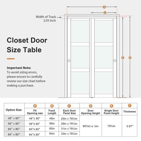 Size chart with dimensions for 60x80 Inch Bypass Sliding Closet Door For Bedroom With Double 31 Inch Panels 3 Lite Frosted Glass Sliding Door Hardware Track Kit And Floor Guide Preassembled MDF White Pocket Doors.