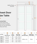 Diagram of Double 25 Inch Sliding Closet Door Set For Bedroom with dimensions and size table for 48 by 80 inch frosted panels.