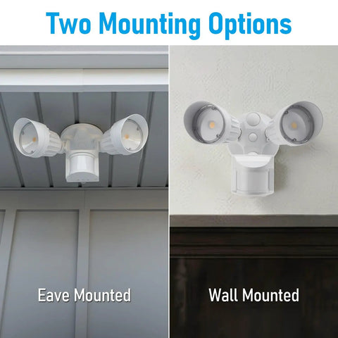 Powerful Outdoor Motion Sensor Flood Light With Adjustable Heads Dusk To Dawn 100 To 277V 5000K Daylight IP65 Aluminum ETL Listed Two Mounting Options