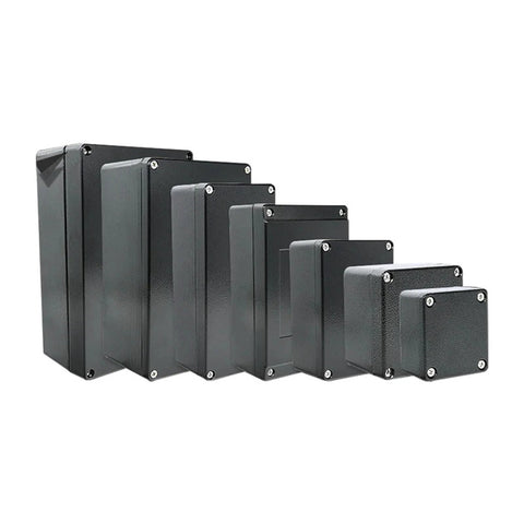 SHIHUANI black explosion-proof junction boxes in multiple sizes; outdoor metal instrument housings.