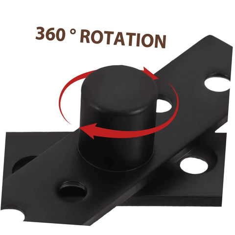 Close-up of black heavy duty stainless steel pivot hinge for hidden secret doors, showing 360-degree rotation feature.