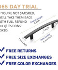 Infographic of Six Inch Curved Cabinet Pulls Matte Black 30 Pack Arch Style showing dimensions and 365-day trial, returns, exchanges