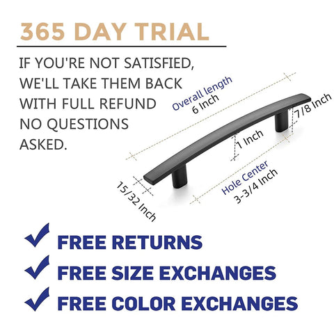 Infographic of Six Inch Curved Cabinet Pulls Matte Black 30 Pack Arch Style showing dimensions and 365-day trial, returns, exchanges