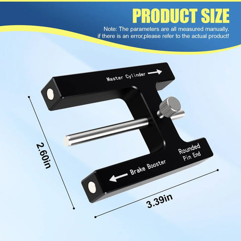 Angled front view of Craedli brake booster push rod adjustment tool, black aluminum gauge with silver push rod.