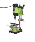 Cross Slide Drill Vise 2 Way X Y Compound Vise installed on bench drill, 80mm X travel, 67mm Y travel, 77mm jaw opening, 1.5mm scale visible