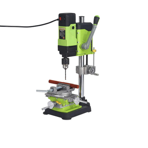 Cross Slide Drill Vise 2 Way X Y Compound Vise installed on bench drill, 80mm X travel, 67mm Y travel, 77mm jaw opening, 1.5mm scale visible
