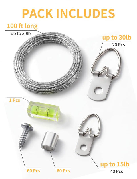Image of Picture Hanging Wire Kit With 100 Ft Braided Wire, 40 Small And 20 Heavy Duty D Ring Hangers, screws, crimping sleeves, and level.