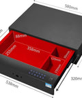 Waterproof Steel Safe With Digital Keypad And USB Backup Power, Heavy Duty Lock Box with open drawers showing dimensions