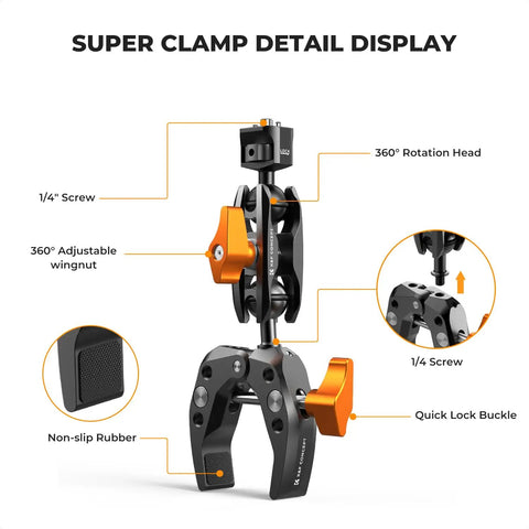 Heavy Duty Camera Clamp Mount With Two 360 Degree Ball Heads Magic Arm for DSLRs and Phones ARRI One Quarter Inch Screw Threads