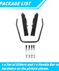 Universal Seat Slider Track Kit With Dual Locking Rails for aftermarket seats, showing sliders, handle bar, and hardware included.