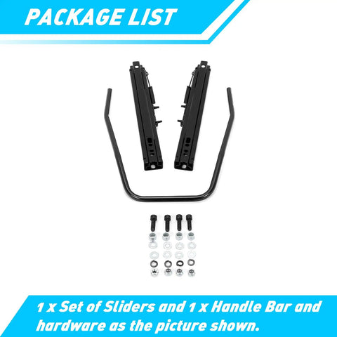 Universal Seat Slider Track Kit With Dual Locking Rails for aftermarket seats, showing sliders, handle bar, and hardware included.