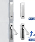 Dope Pocket Door Hardware Set With Edge Pulls And Flush Recessed Pulls in Brushed Nickel, showing open and closed positions.