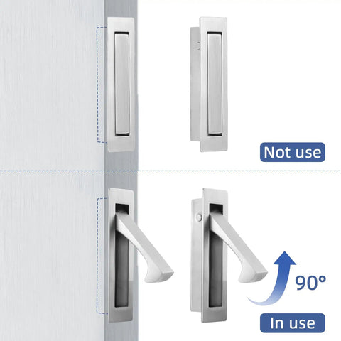 Dope Pocket Door Hardware Set With Edge Pulls And Flush Recessed Pulls in Brushed Nickel, showing open and closed positions.