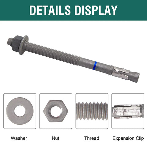 Heavy Duty 1/2 Inch X 7 Wedge Anchors Hot Dip Galvanized Carbon Steel showing nut, thread, washer, and expansion clip details.