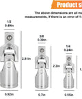 3 Piece Universal Joint Socket Set For One Quarter Inch Drive, Three Eighth Inch Drive And One Half Inch Drive With Swivel Ratchet Sockets, Chrome Vanadium Steel, Built Tough For Auto Maintenance And Repairs. Product size chart showing 1/2, 3/8 and 1/4 inch universal joints