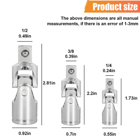 3 Piece Universal Joint Socket Set For One Quarter Inch Drive, Three Eighth Inch Drive And One Half Inch Drive With Swivel Ratchet Sockets, Chrome Vanadium Steel, Built Tough For Auto Maintenance And Repairs. Product size chart showing 1/2, 3/8 and 1/4 inch universal joints