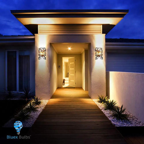 Modern porch lighting with Two Pack Par38 Amber Yellow LED Bug Light Bulbs E26 Flood Light 10W 100W Equivalent Warm Bug Free Lighting