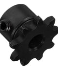 Solid 1/4 Inch Carbon Steel Roller Sprocket Wheel With Nine Tough Teeth for heavy duty jobs, black, close-up view of sprocket gear.