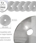 Rotary cutter set with 45mm blades; includes 5 replacement blades and circular blade display (front view)
