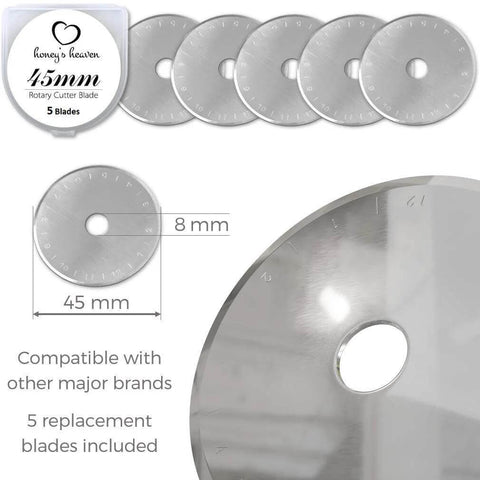 Rotary cutter set with 45mm blades; includes 5 replacement blades and circular blade display (front view)