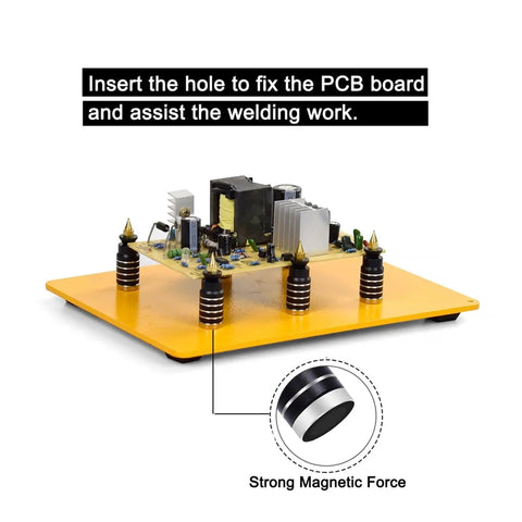 Magnetic Third Hand Soldering Station With 3X LED Magnifying Glass featuring yellow PCB holder with magnetic force for DIY electronics.