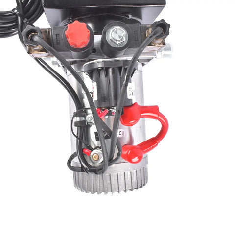 Top view of Beefed-Up 4 Quart Hydraulic Power Unit With 12V DC Motor, showing red connectors and wiring, 3200 PSI output.