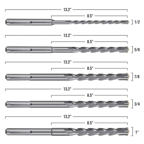 SDS Max Masonry Drill Bit Set With Carbide Tips, 5 Piece, 13 Inch Length, Sizes 1/2, 5/8, 3/4, 7/8, 1 Inch, Universal Shank