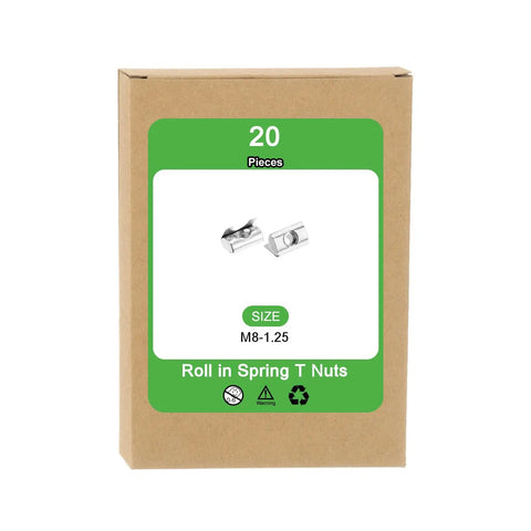 Heavy Duty M8 Roll In Spring T Nuts 20 Pcs Nickel Plated Carbon Steel For 3030 4040 Aluminum Extrusion Profile packaging box