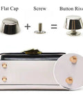 Top Shelf Heavy Duty Brass Purse Feet With Crisp Silver Rivet Screws For Handbags showing brass flat cap, screw, and rivet installation.