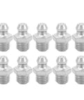 10 Pack Grease Nipple Fittings in Plated Steel, Leak Proof M8 Straight, for automotive, motorcycle, and industrial equipment, shown together