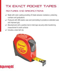 Exact Retractable Imperial And Metric Pocket Tape Measure with nylon coating and ABS case next to product specifications.