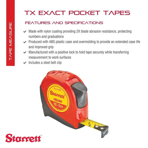 Exact Retractable Imperial And Metric Pocket Tape Measure with nylon coating and ABS case next to product specifications.