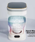 Portable Folding Mini Washer With Spin Dryer Combo 20 Liter Capacity showing hand-wash simulation and dual-direction kneading action.