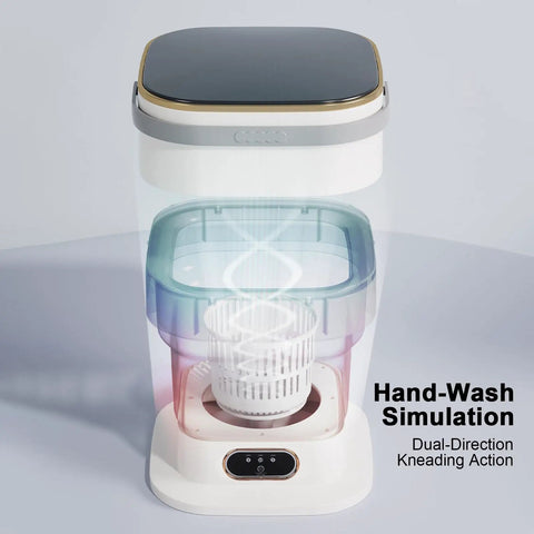 Portable Folding Mini Washer With Spin Dryer Combo 20 Liter Capacity showing hand-wash simulation and dual-direction kneading action.