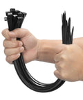 Two hands holding 16 Inch Black Heavy Duty Zip Ties 100 Pack 200 Lbs Ultra Strong Plastic Cable Ties for indoor and outdoor use