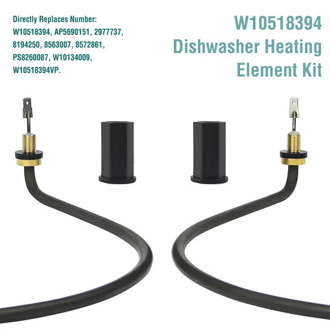 Dishwasher Heating Element Replacement For Metal And Stainless Steel Tubs The Go To Upgrade That Replaces W10134009 AP5690151 PS8260087 WDT730PAHZ0 WDF520PADM7 DIY Friendly Install, black heating elements and fasteners displayed.