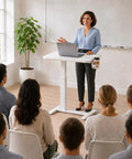 Mobile Rolling Desk Featuring Hidden Wheels And Smooth Pneumatic Height Adjustment Portable Laptop Stand For Home Office Or Bedside Setup, used in a classroom presentation.