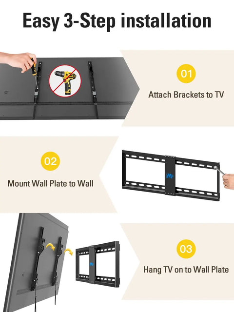 Installation steps for Heavy Duty Tilting TV Wall Mount For 37 To 90 Inch Flat Screens Up to 132 Pounds with steel brackets.