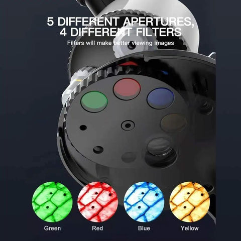 5 apertures and 4 filters on a Kids Microscope Kit With LED 40X-1200X Magnification, Dope Science Toy For Home And Classroom.